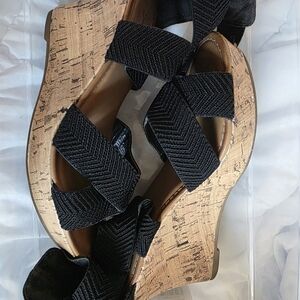 Black Cork Wedge Sandals with Elastic Straps